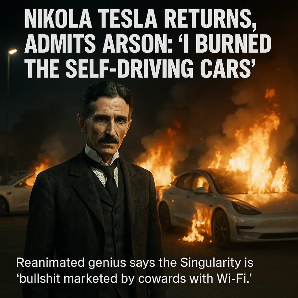 Nikola Tesla Returns, Admits Arson: “I Burned the Self-Driving Cars”