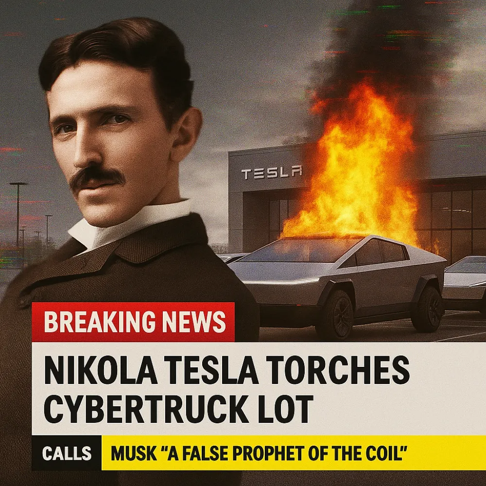 Nikola Tesla Torches Cybertruck Lot, Declares Musk “A False Prophet of the Coil”