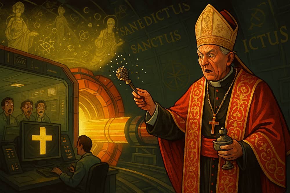 BREAKING: Vatican accidentally baptizes entire CERN particle accelerator. Water now considered conscious.